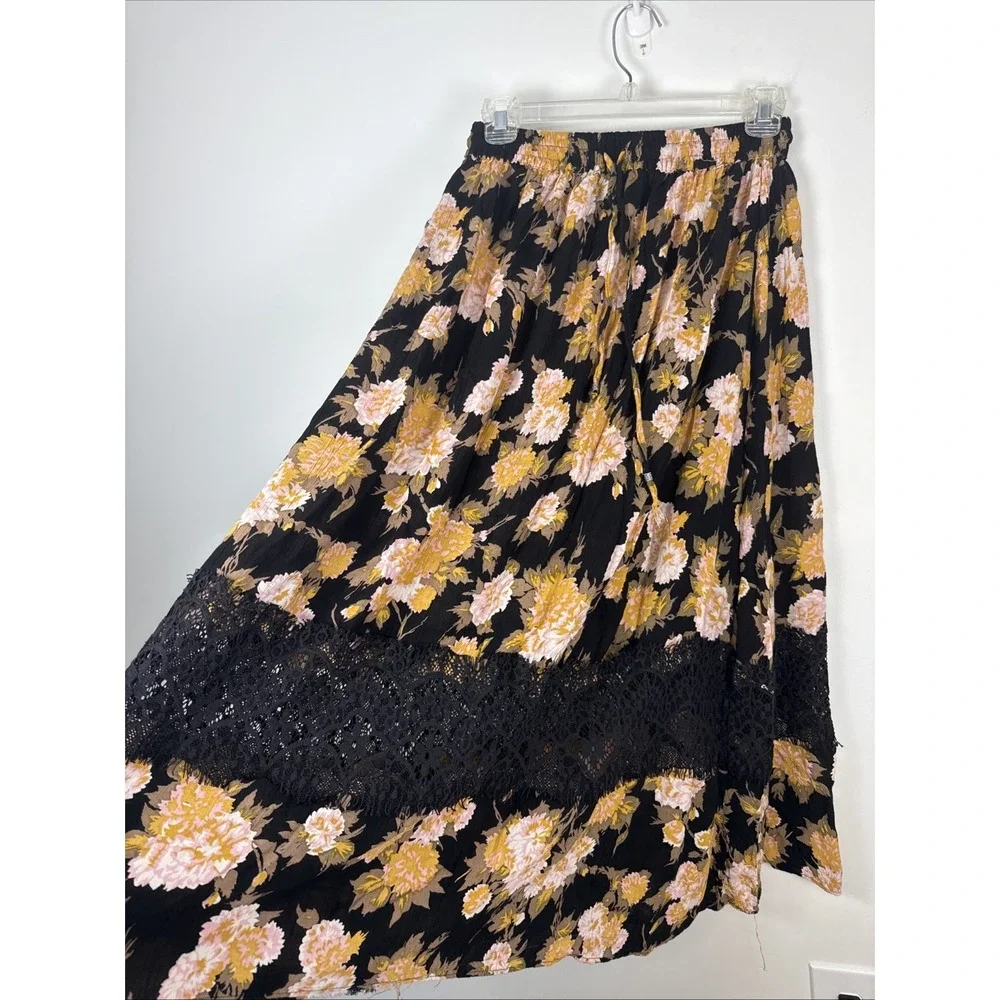 Angie Women's Maxi Black Floral Crochet Lace Boho Peasant Chic Career Skirt Sz S